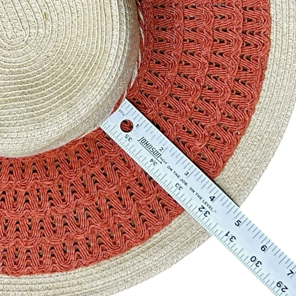 CAPPELLI Wide Brim Straw Hat Beige Orange Rope Band Metal Flower OS Summertime